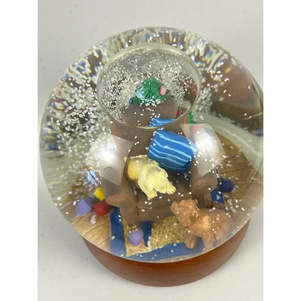 Pottery Barn Y2K‎ Christmas Snow Globe Golden Retriever Puppies Wood Base 7.5 In